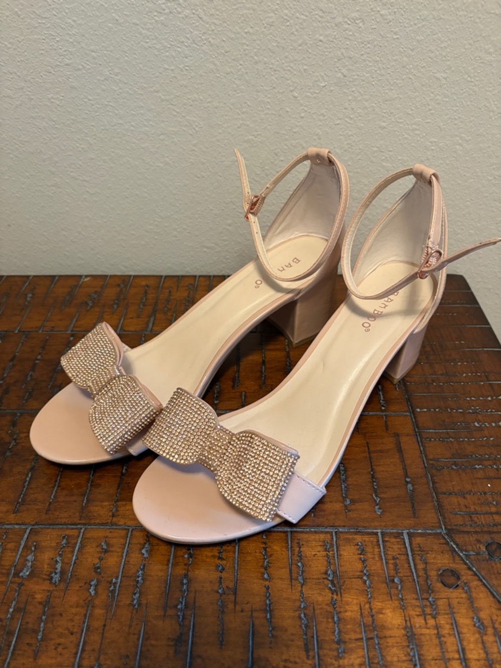 BAMBOO Nude/Tan Jeweled Bow Ankle-Strap Block Heels - Picture 2 of 7